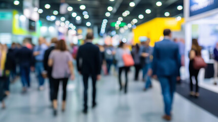 Obraz premium Crowd of people walking through modern trade show or business expo hall. 