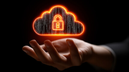 Digital glowing cloud with lock symbol hovering above hand representing data security.

