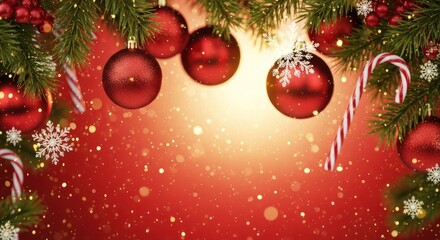 Obraz premium Festive Red Christmas Background with Ornaments and Fir Branches.