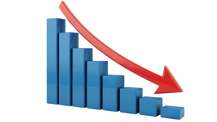 Stunning 3D bar graph vividly illustrates a sharp downward trend with a bold red arrow indicating decline and financial instability isolated on white or transparent png.