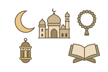 Obraz premium Collection of essential Islamic religious symbols including mosque, crescent, lantern, and prayer beads