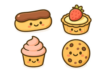 Set of Happy Kawaii Dessert Icons with Cheerful Pastry