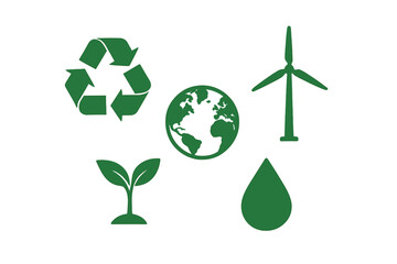Green icons for ecology and sustainability concepts like recycling and renewable energy