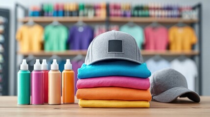 Colorful t-shirts, caps, and spray bottles arranged on a wooden surface.