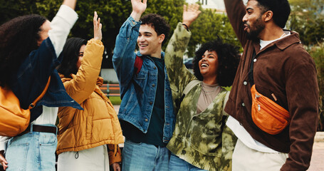 College student, group and huddle in celebration outdoor for exam support, semester success or victory. Friends, happy people and synergy on university campus for test motivation, teamwork and goals
