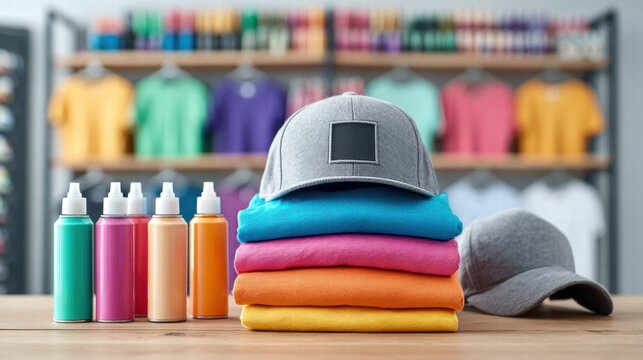 Colorful t-shirts, caps, and spray bottles arranged on a wooden surface.