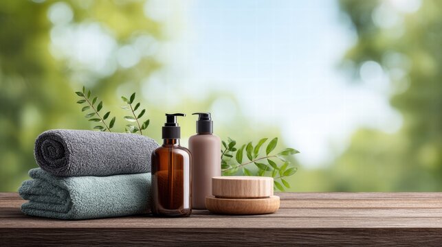 Spa essentials on a wooden surface with a blurred green background.