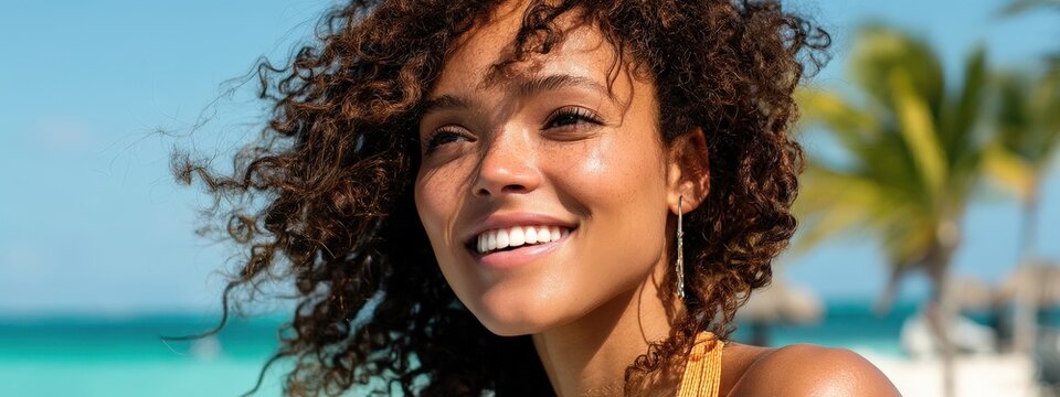 Radiant woman on a tropical beach: smile, curly hair, and sunshine