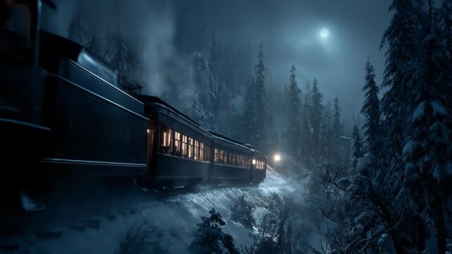Dark cinematic steam train in snowy forest at night, motion footage