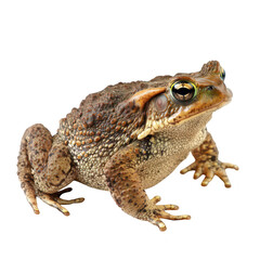Fototapeta premium A close-up view of a textured frog sitting on a smooth surface. its detailed skin patterns and bright eyes. with a soft white background for emphasis