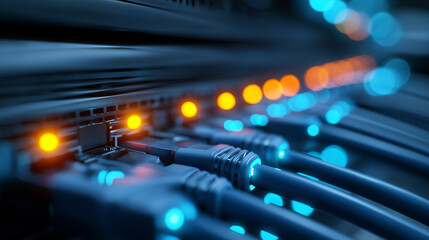Close up of network cables and glowing lights in data center server room.
