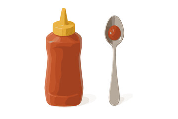 Condiment squeeze bottle and single drop of sauce on silver spoon