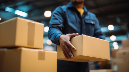 Worker handling cardboard boxes in warehouse logistics environment.
