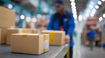 Fototapeta premium Man in reflective vest carrying cardboard box inside modern warehouse facility. 