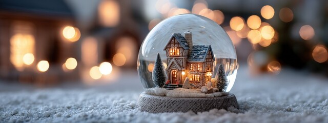 Snow globe with a warmly lit Christmas village nestled on a wooden table with bokeh