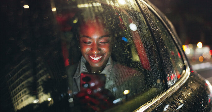 Texting, night or black woman in car window with phone, online chat or notification on dating app. Happy, bokeh or girl in vehicle with mobile, romance match or partner search in late evening commute - Powered by Adobe