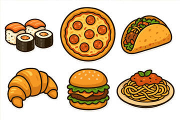 Popular international fast food and bakery items icon set