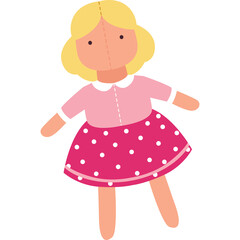 Whimsical Cartoon Blonde Doll with Pink Polka Dot Dress and Buttoned Top on Transparent Background