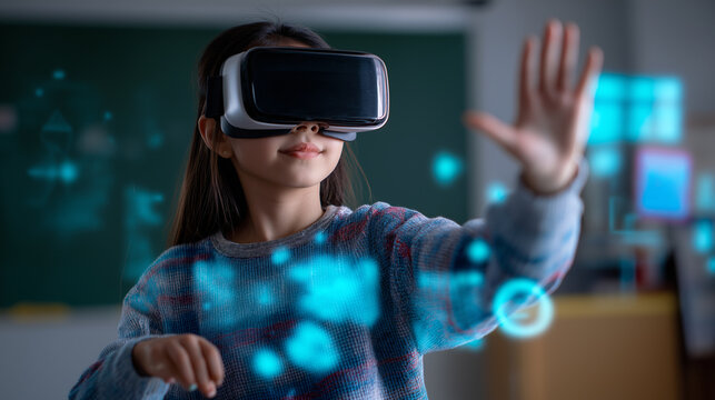 Young girl wearing virtual reality headset interacting with digital holographic interface.  
