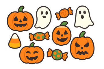 Assortment of cute cartoon Halloween icons with jack o lanterns and ghosts