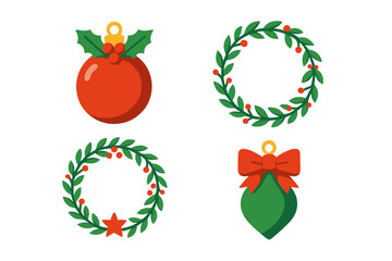 Collection of festive Christmas ornaments and holly berry wreaths icons
