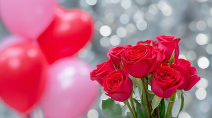 Two red roses with petals and bokeh fairy lights creating romantic atmosphere.