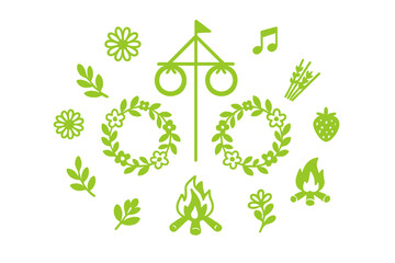 Set of green icons for summer solstice celebration elements