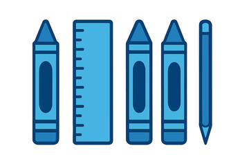 Set of blue drawing and measuring tools icons including crayons and ruler
