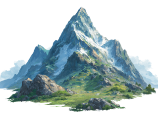 Majestic snow capped mountain range with green grassy slopes and rocky outcrops peak landscape, Isolated On Black Background, Png Transparent Background, Cut Out