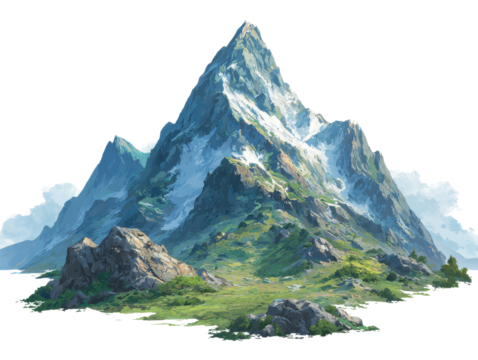 Majestic snow capped mountain range with green grassy slopes and rocky outcrops peak landscape, Isolated On Black Background, Png Transparent Background, Cut Out