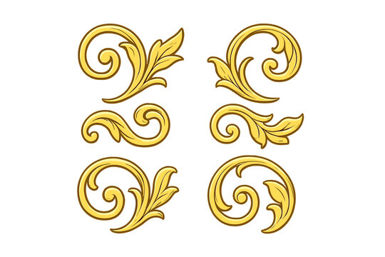 Six golden baroque acanthus scroll ornaments and flourishes for decoration