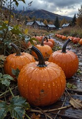 wet pumpkins on display at a farm with rustic buildings and autumn foliage in the background.