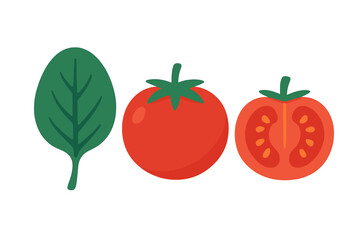 Fresh spinach leaf and whole sliced ripe tomato icons