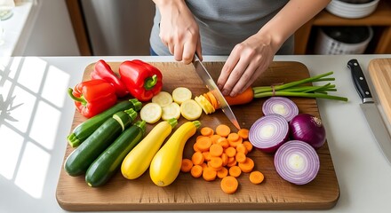 Person Slicing Fresh Vegetables on a Wooden Cutting Board.