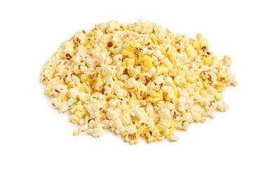 Heap of crispy popcorn on white background