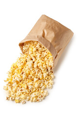 Paper bag with crispy popcorn on white background