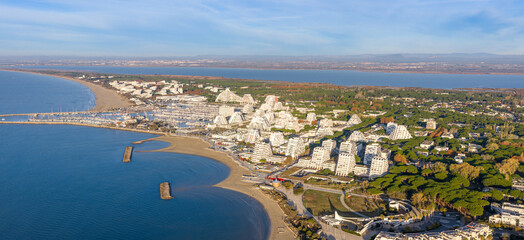 The seaside resort of La Grande Motte, in the Hérault department, in the Occitanie region, France.