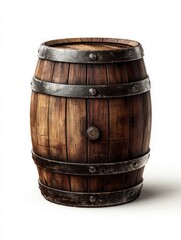 Obraz premium Old Wooden Barrel With Metal Hoops Sits Isolated Against a White Background