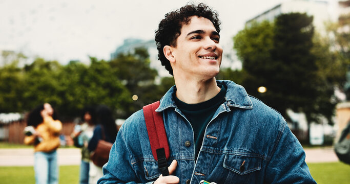 Happy, student and man at university, thinking and education for skill development, learn or outdoor. Future, reflection and person with scholarship for opportunity, vision and smile on campus