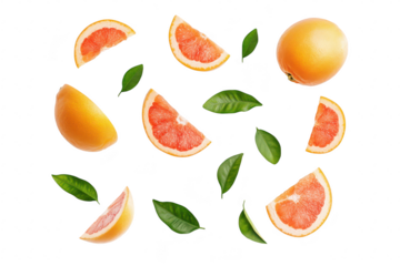 A arrangement of grapefruit slices and green leaves scattered artistically on a white background. freshness and vitality. ideal for food-related themes or health promotions