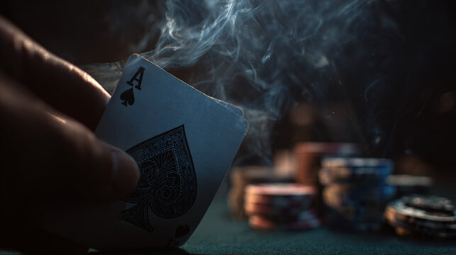 Winning ace of spades held in smoky atmosphere with blurred casino chips