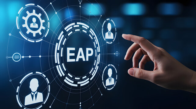 Human hand interacting with digital interface displaying EAP and employee icons symbolizing connection and business strategy