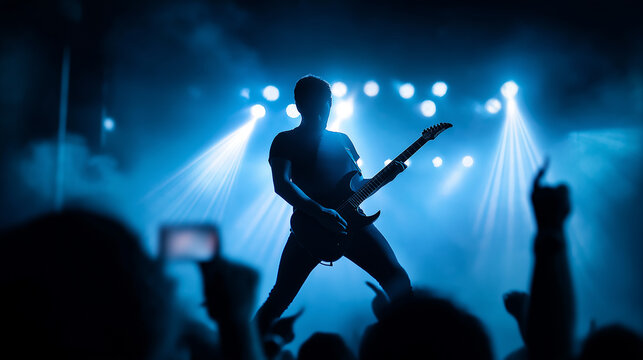 Silhouette of guitarist performing live on stage with dramatic blue lighting and crowd.
