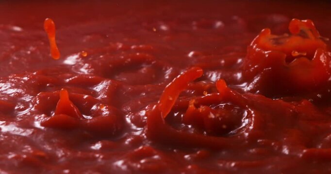 Slow motion close-up of boiling rich red tomato sauce bubbling  naturally under warm light with deep red tones and soft steam at 1000fps. Concept of homemade Italian tradition and culinary passion.