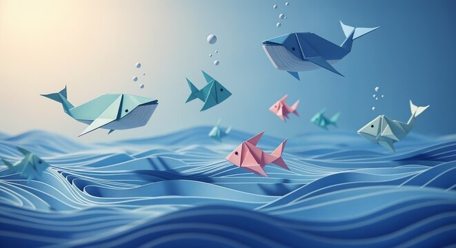 Paper Ocean &ndash; Origami Whales Swimming in Blue Paper Waves