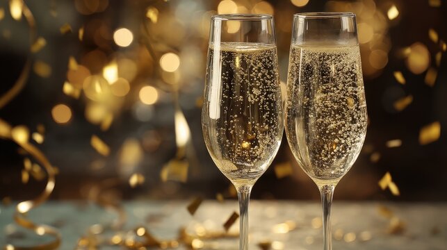 Close-up of two champagne flutes filled with bubbly wine against a festive golden background