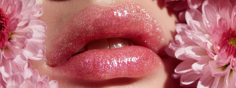 A close-up shot of glossy shimmering pink lips surrounded by soft pink chrysanthemum flowers