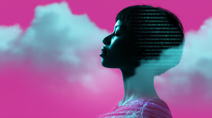 Futuristic woman with digital elements blending into her body on a pink and blue background.