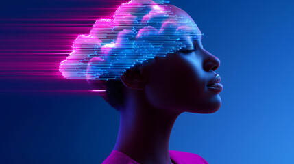 Profile of a woman with digital cloud emerging from her head, symbolizing artificial intelligence and data flow.
