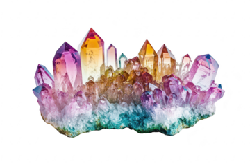 A cluster of multi-colored crystals a stunning array of sharp points and smooth surfaces. set against a clean white background. perfect for decorative or educational purposes